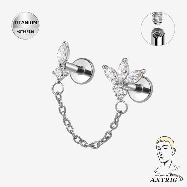 16G Internally Threaded Titanium CZ Chain Labret Stud – ASTM F136 Flat Back Ear Piercing Jewelry (6mm)