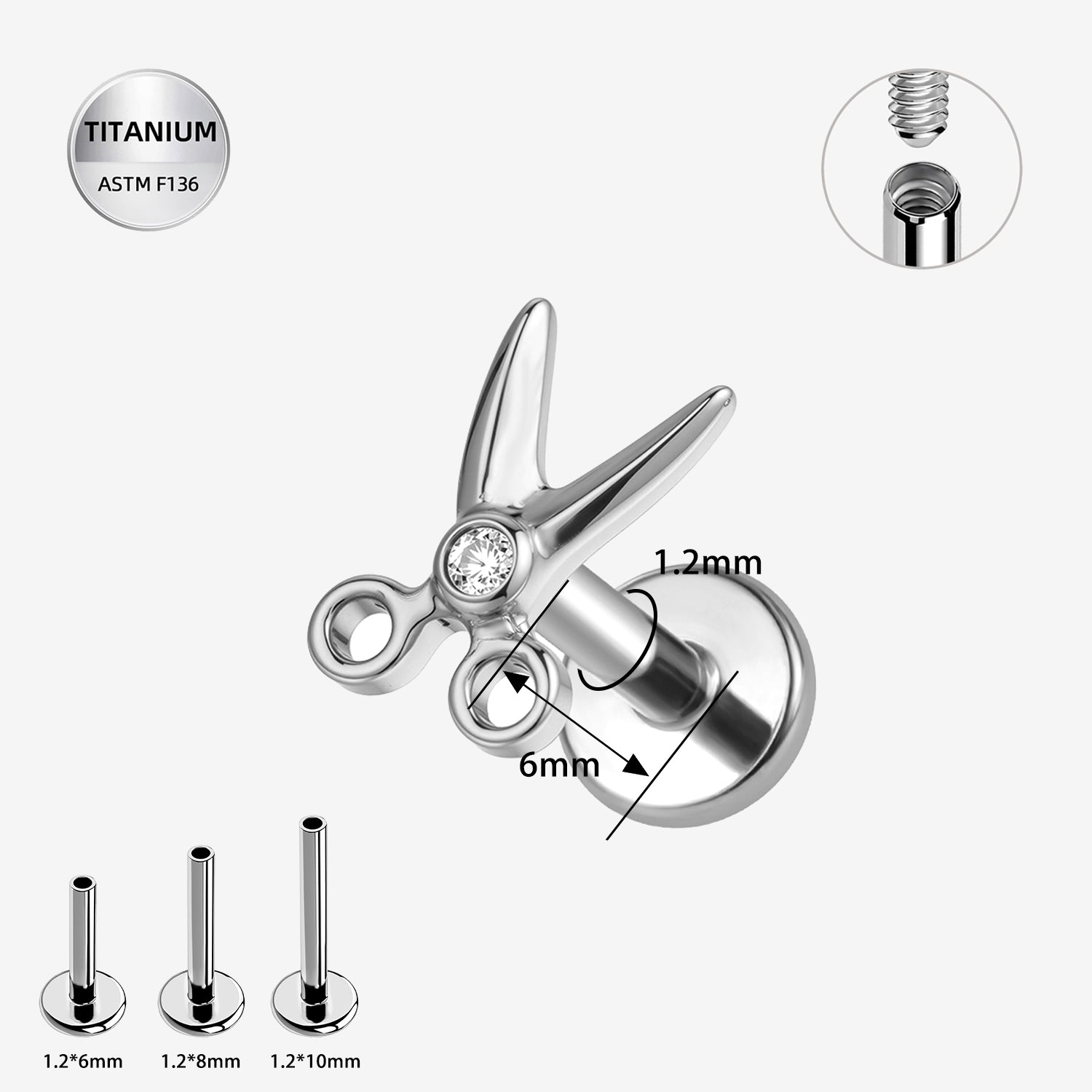 16G Internally Threaded Titanium Scissors Labret Stud – ASTM F136 Flat Back CZ Ear Piercing (6mm)