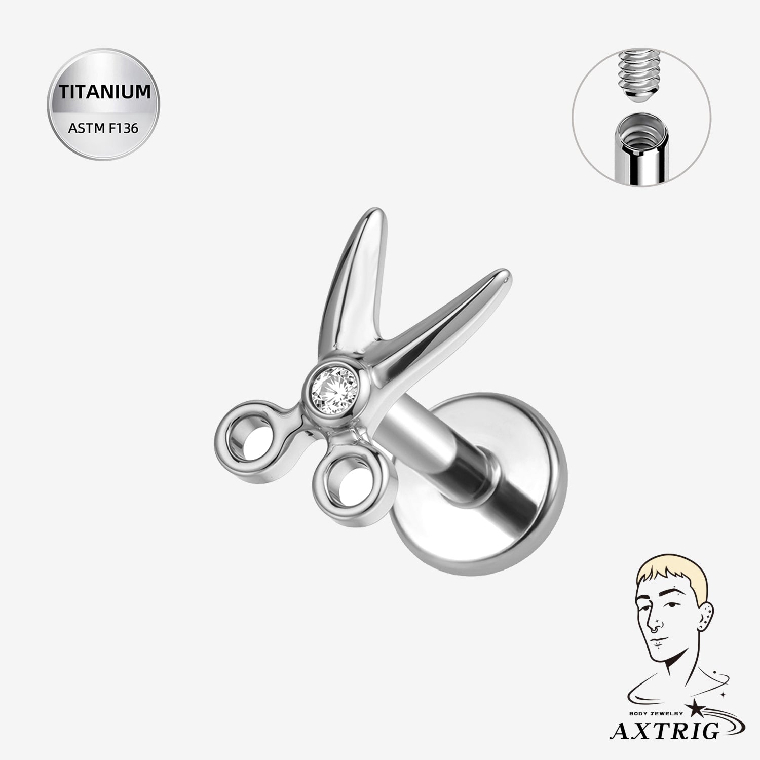 16G Internally Threaded Titanium Scissors Labret Stud – ASTM F136 Flat Back CZ Ear Piercing (6mm)