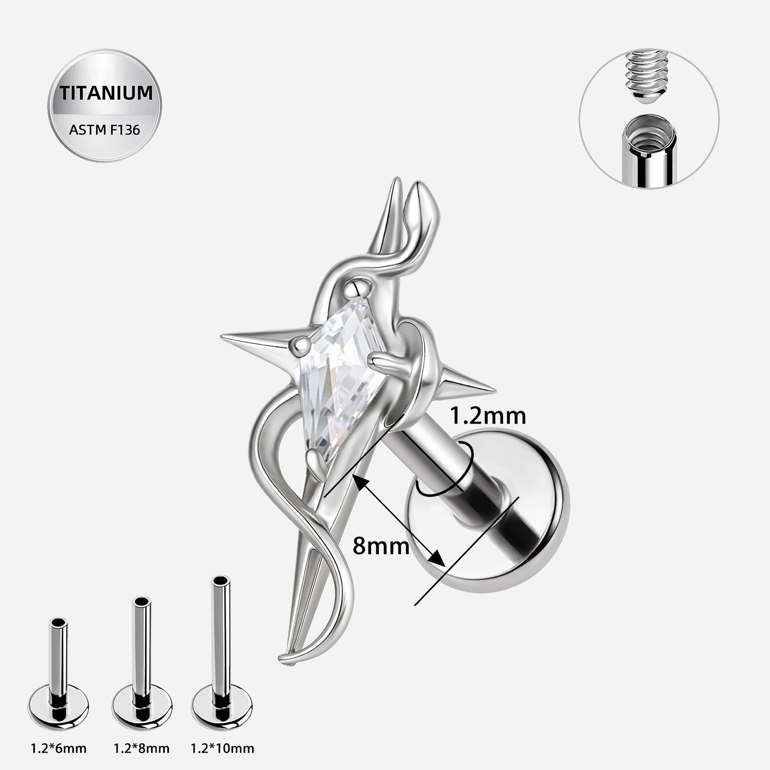 16G Internally Threaded Titanium CZ Star Labret Stud – Flat Back Ear Piercing Jewelry (8mm)