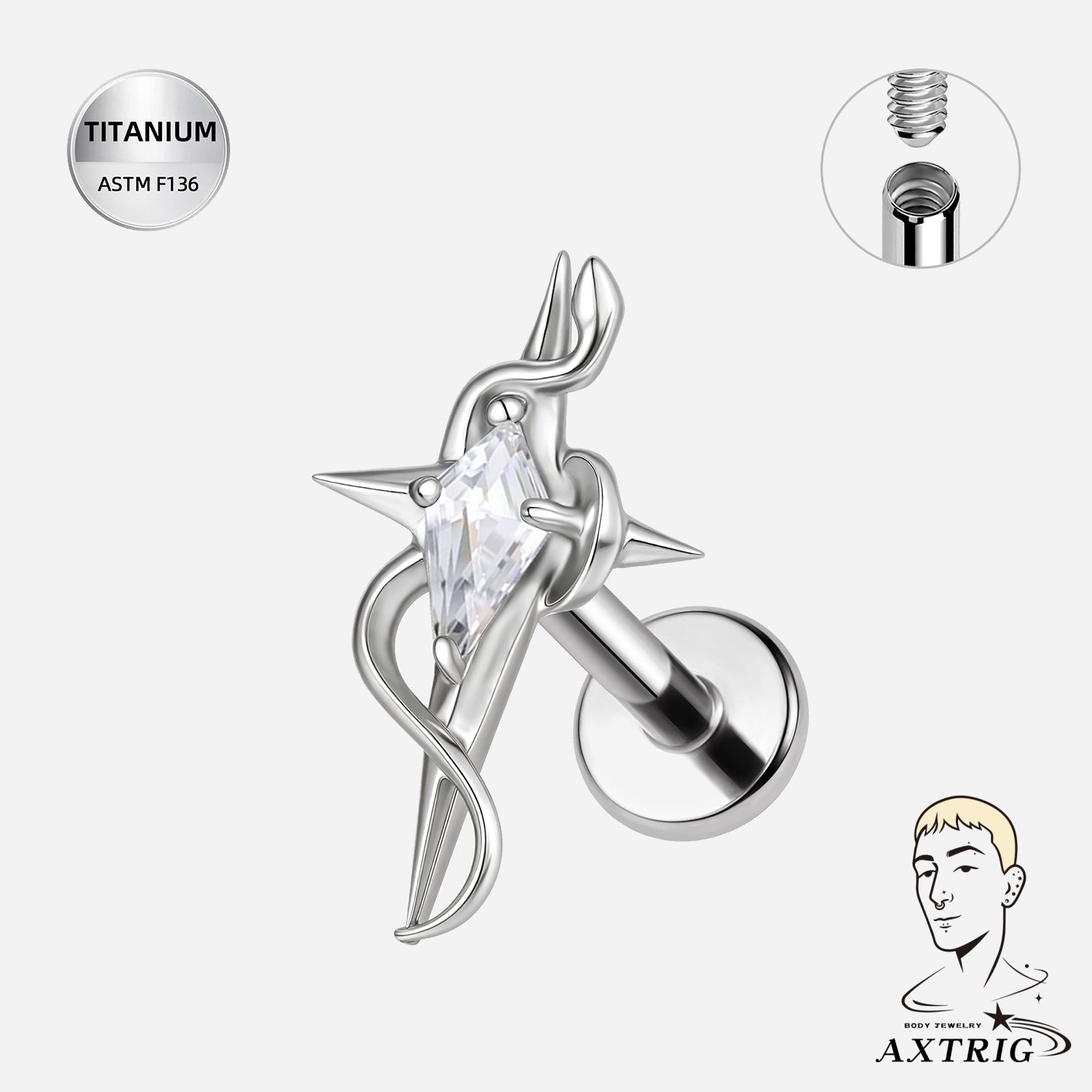 16G Internally Threaded Titanium CZ Star Labret Stud – Flat Back Ear Piercing Jewelry (8mm)