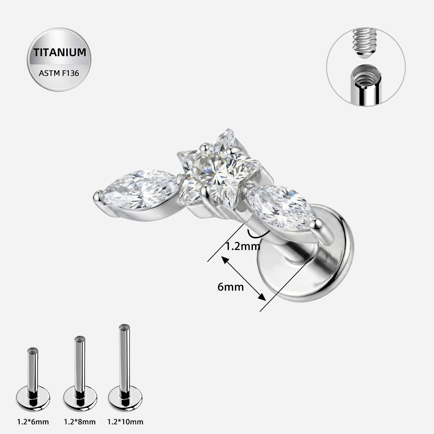 16G ASTM F136 Titanium Star CZ Internally Threaded Flat Back Stud