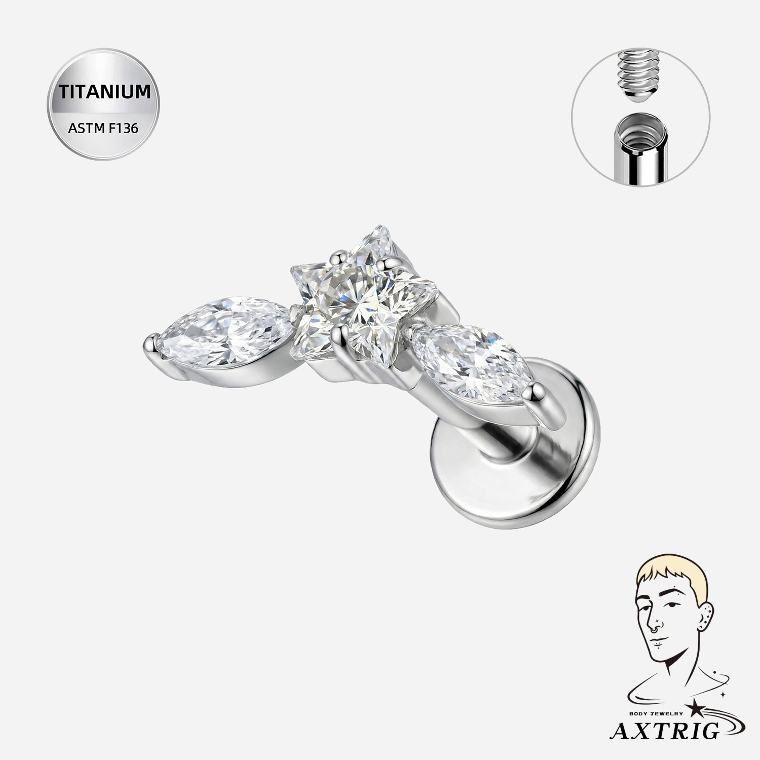16G ASTM F136 Titanium Star CZ Internally Threaded Flat Back Stud