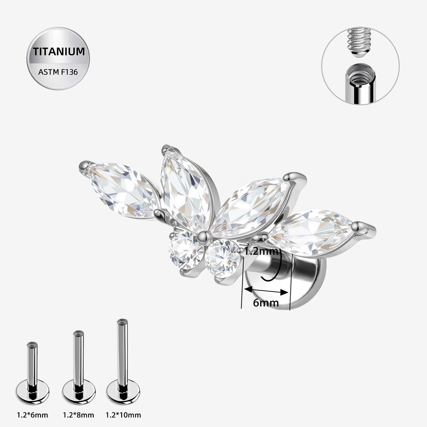 16G ASTM F136 Titanium Butterfly CZ Internally Threaded Flat Back Stud