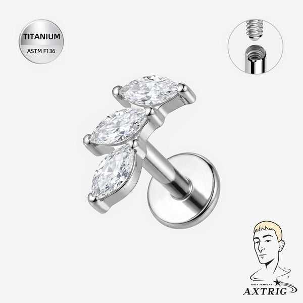 16G ASTM F136 Titanium Marquise CZ Internally Threaded Flat Back Stud