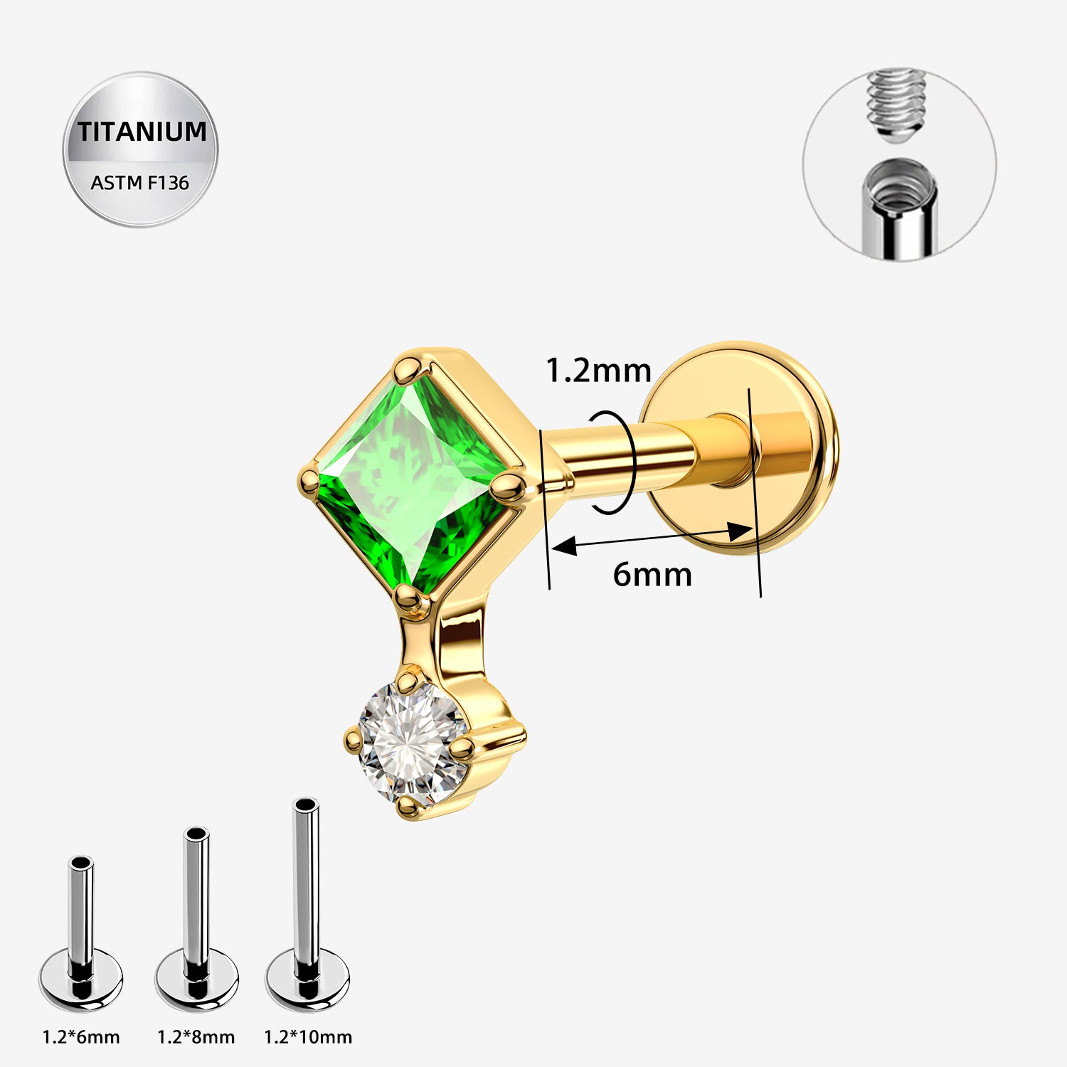 16G Titanium Internally Threaded Labret Stud with Green CZ – ASTM F136 Flat Back Ear Piercing (6mm)