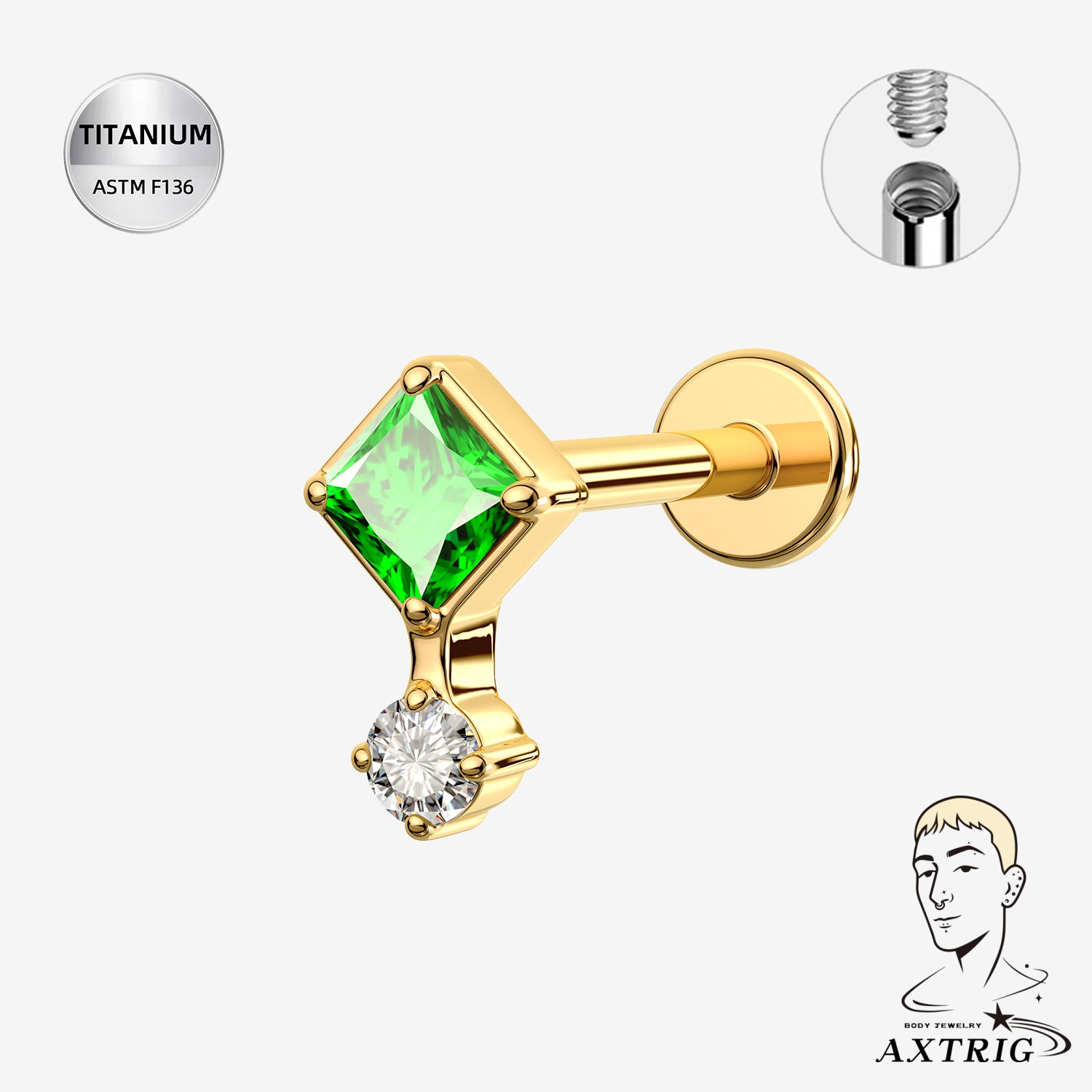 16G Titanium Internally Threaded Labret Stud with Green CZ – ASTM F136 Flat Back Ear Piercing (6mm)