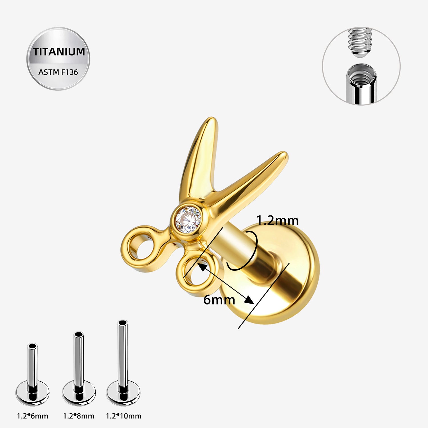 16G Internally Threaded Titanium Scissors Labret Stud – ASTM F136 Flat Back CZ Ear Piercing (6mm)
