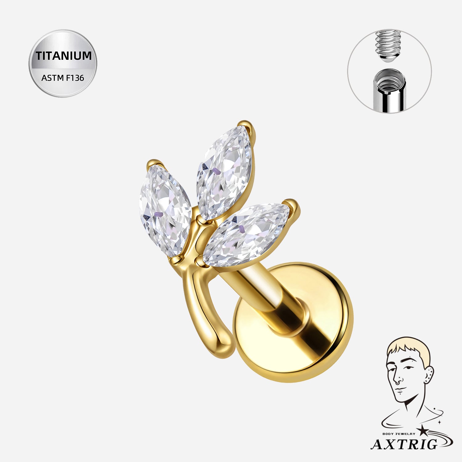 16G Internally Threaded Titanium CZ Leaf Labret Stud – Ear Piercing Jewelry (6mm)