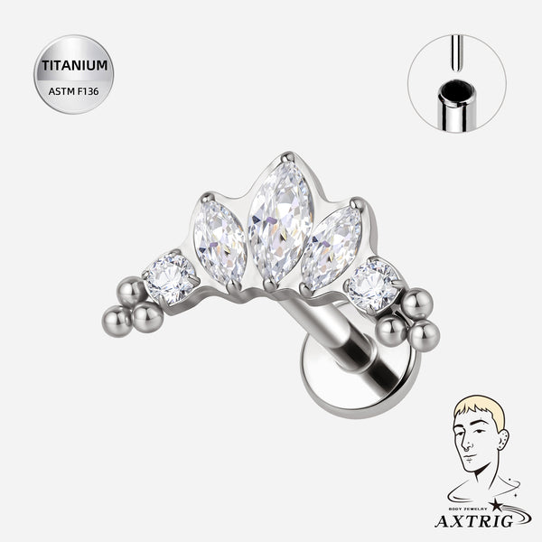 16G Threadless Titanium Crown Labret Stud – ASTM F136 Marquise CZ Flat Back Ear Piercing Jewelry