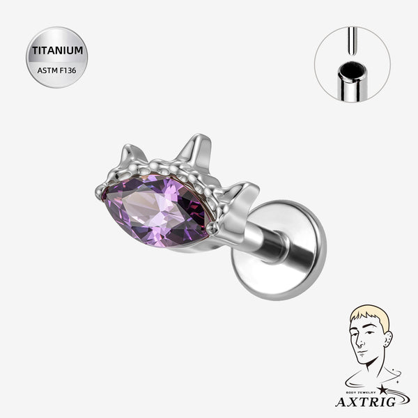 16G Threadless Titanium Labret Stud with Purple CZ | ASTM F136 Flat Back Ear & Lip Piercing