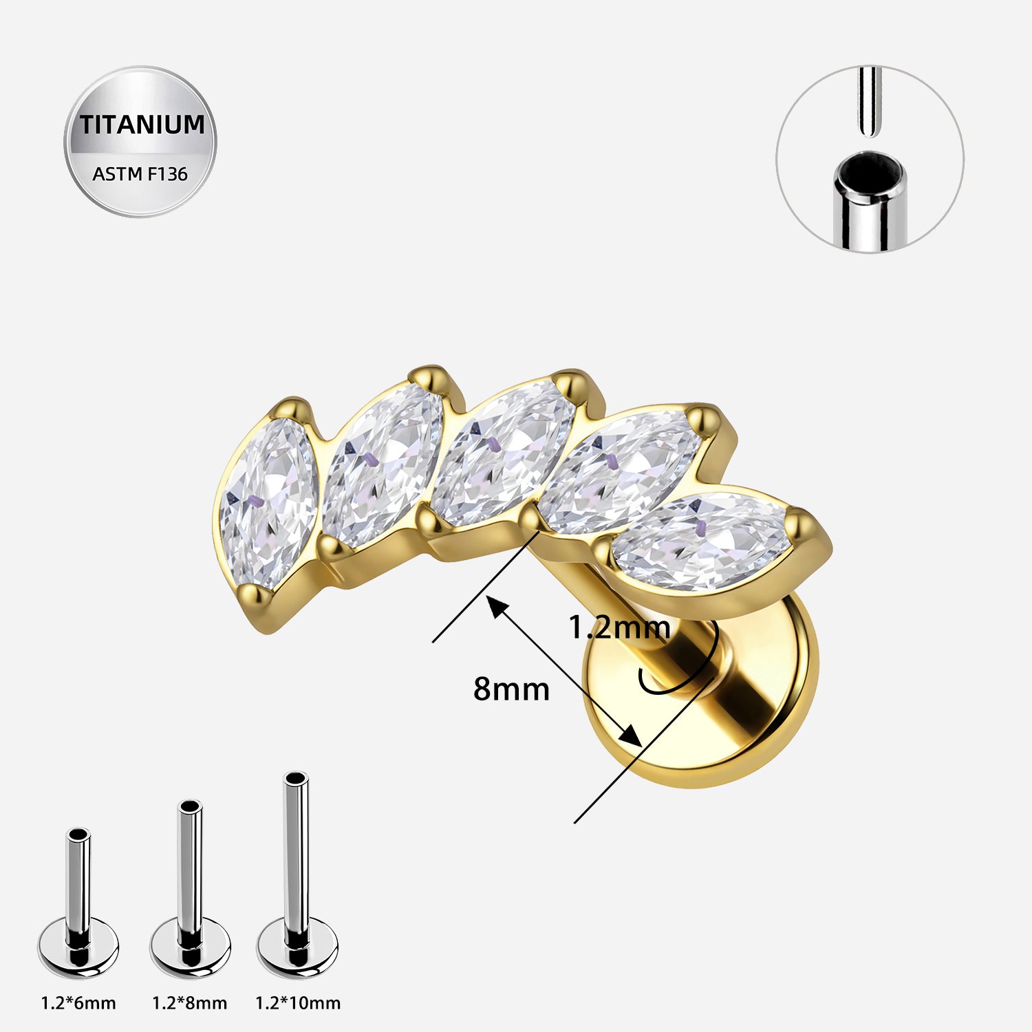 16G Titanium Threadless Marquise CZ Fan Labret Stud – Gold PVD ASTM F136 Flat Back Ear Piercing Jewelry
