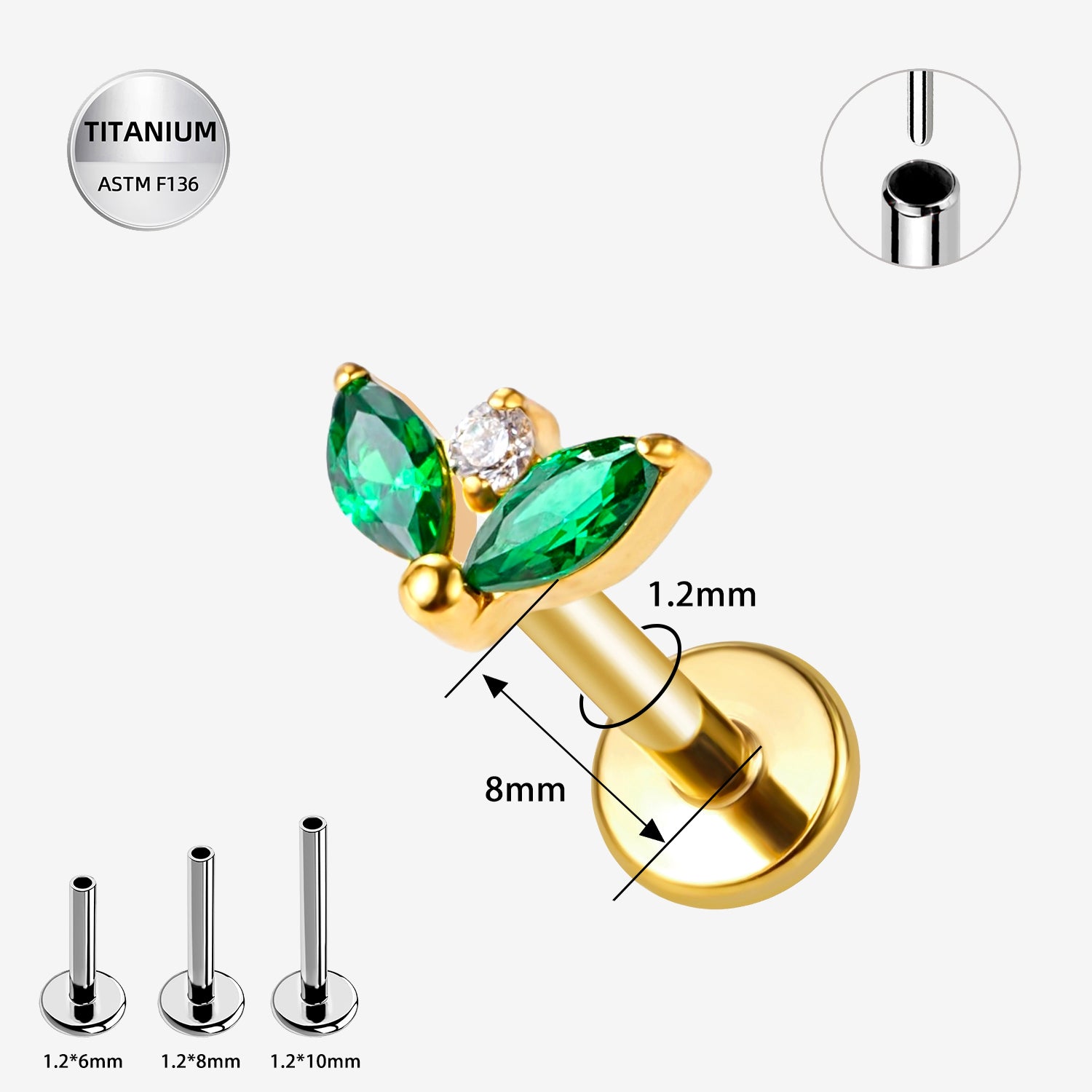 16G Titanium Threadless Marquise Leaf CZ Labret Stud – Gold PVD ASTM F136 Ear Piercing Jewelry
