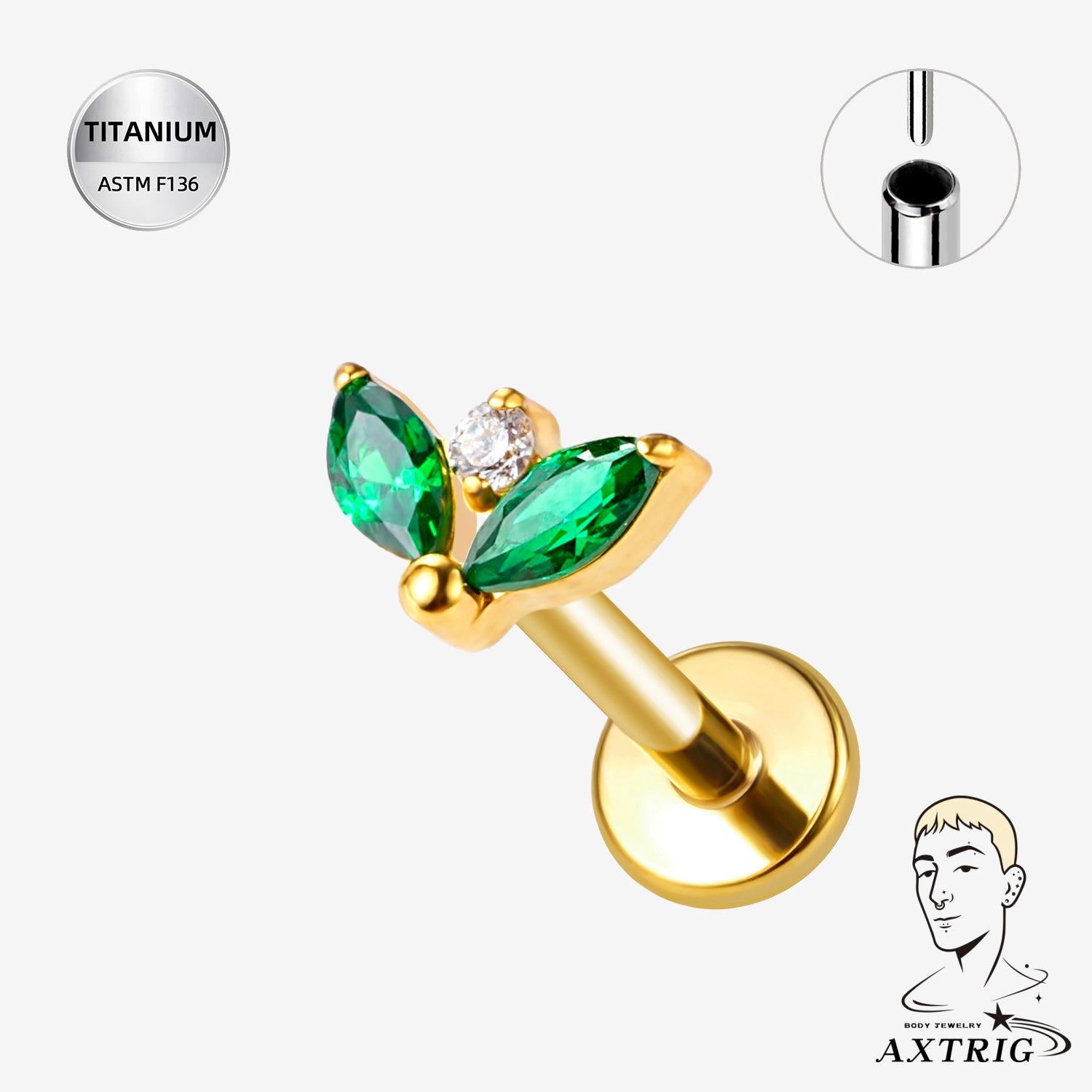 16G Titanium Threadless Marquise Leaf CZ Labret Stud – Gold PVD ASTM F136 Ear Piercing Jewelry