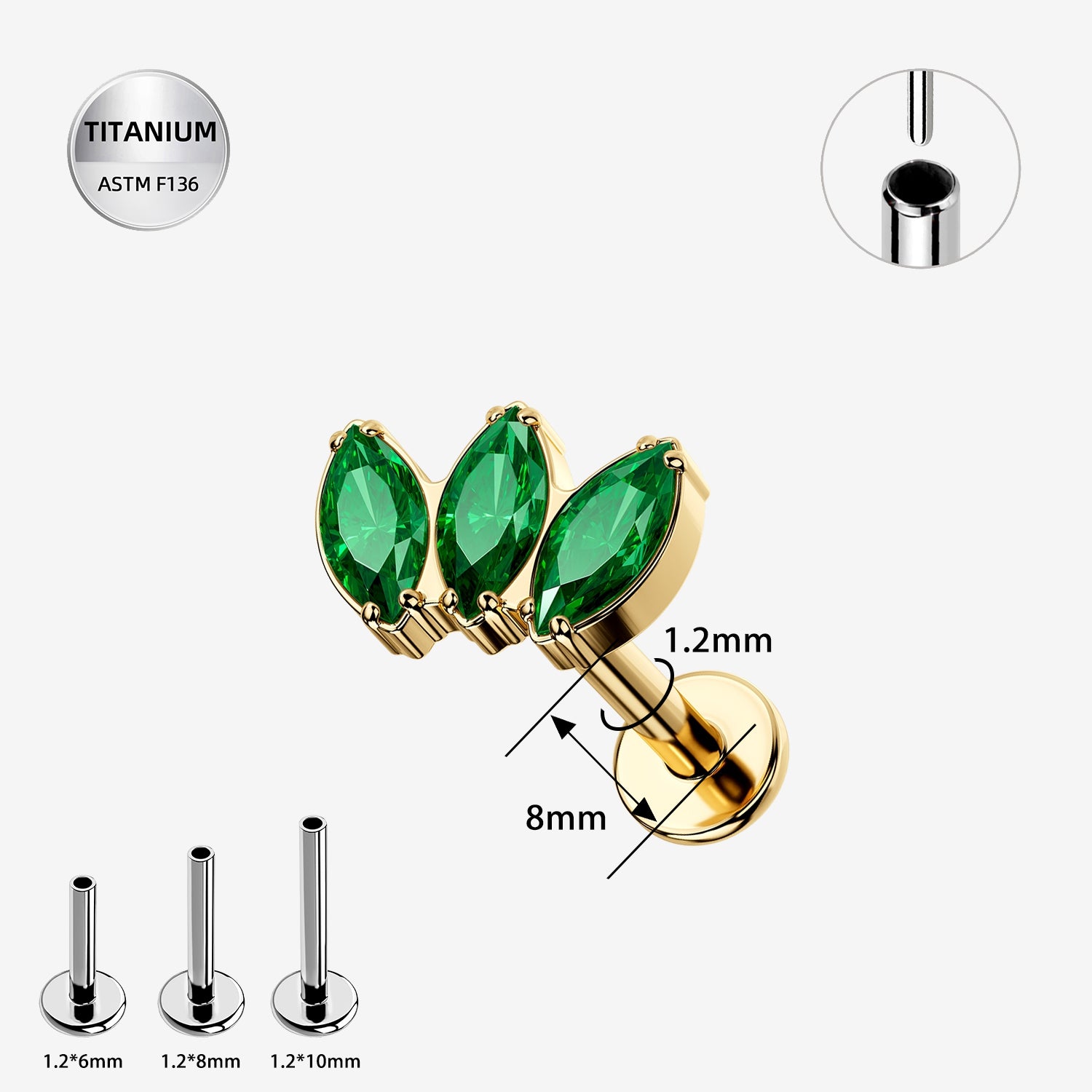16G Titanium Threadless Triple Marquise CZ Labret Stud – Gold PVD ASTM F136 Ear Piercing Jewelry