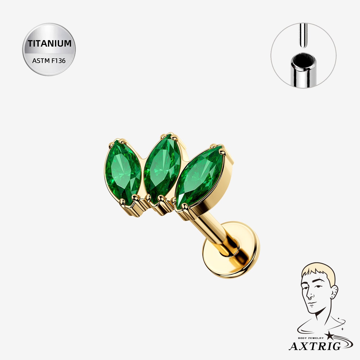 16G Titanium Threadless Triple Marquise CZ Labret Stud – Gold PVD ASTM F136 Ear Piercing Jewelry