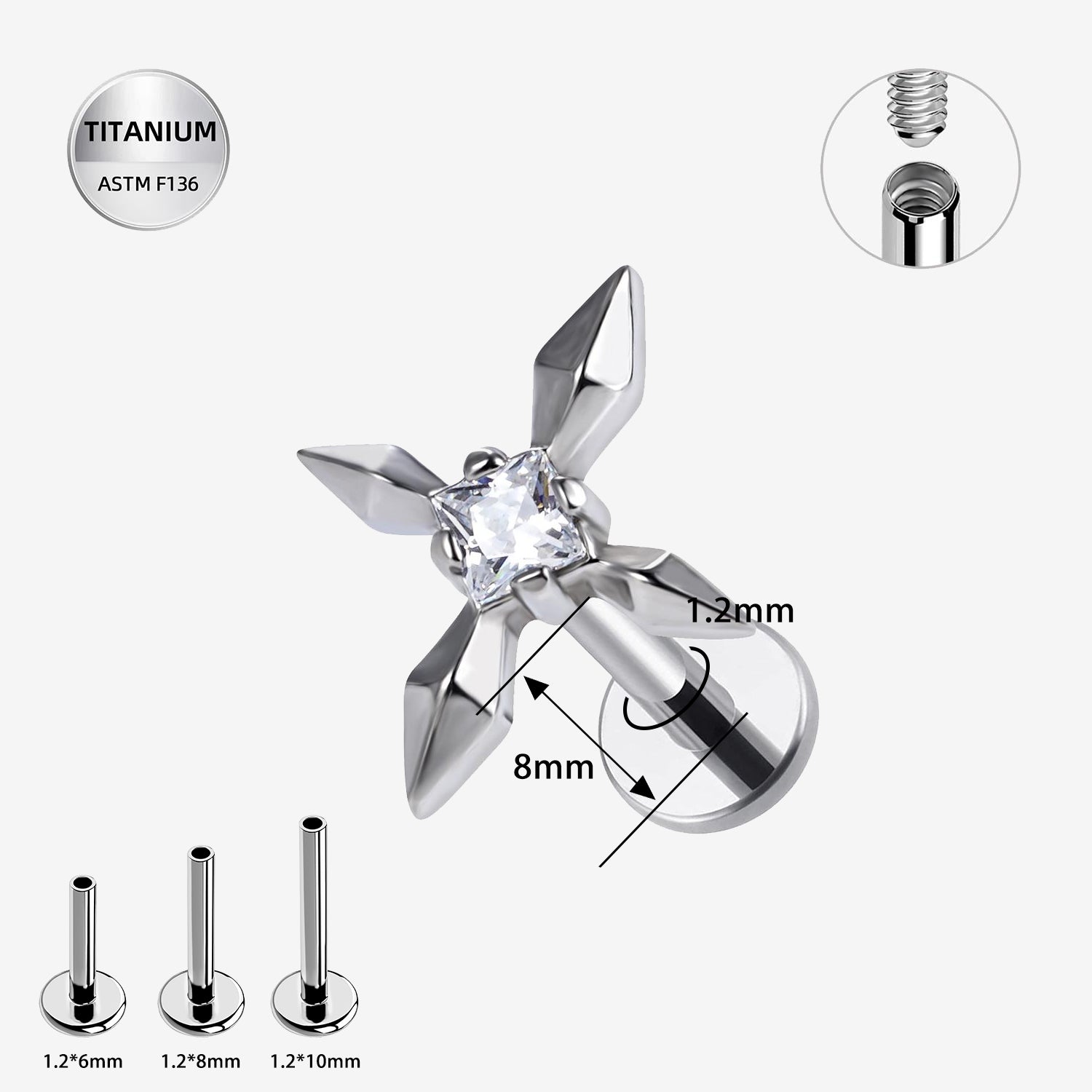 16G Titanium Internally Threaded CZ Star Labret Stud – ASTM F136 Flat Back Ear Piercing Jewelry (8mm)