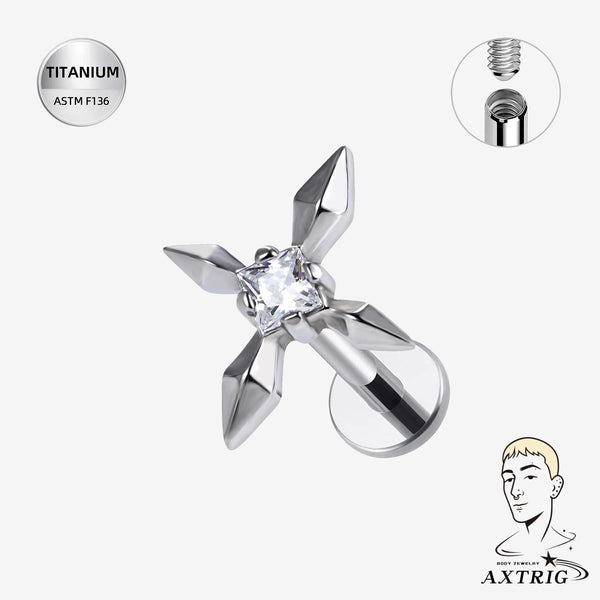 16G Titanium Internally Threaded CZ Star Labret Stud – ASTM F136 Flat Back Ear Piercing Jewelry (8mm)