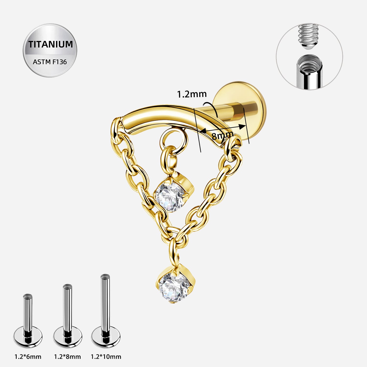16G ASTM F136 Titanium CZ Chain Dangle Internally Threaded Flat Back Stud