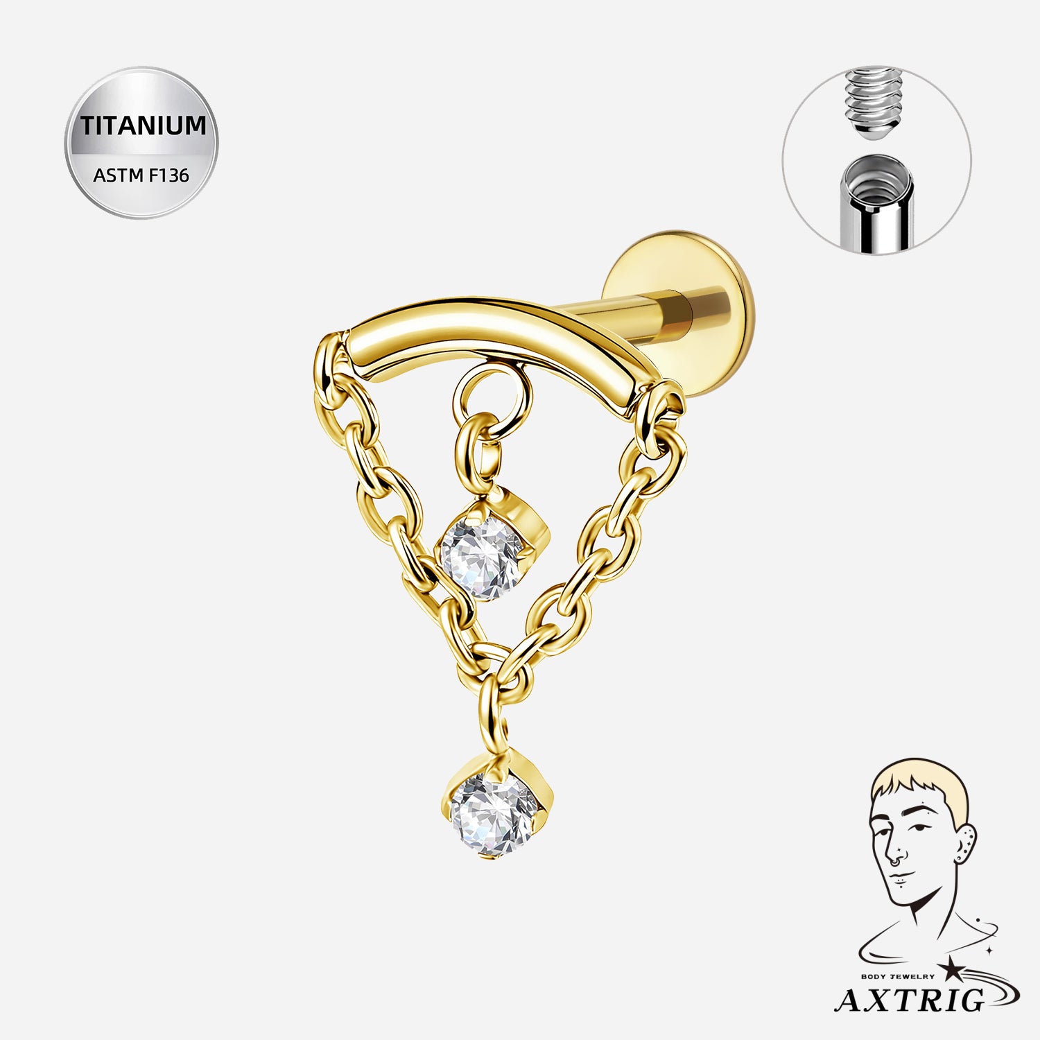 16G ASTM F136 Titanium CZ Chain Dangle Internally Threaded Flat Back Stud