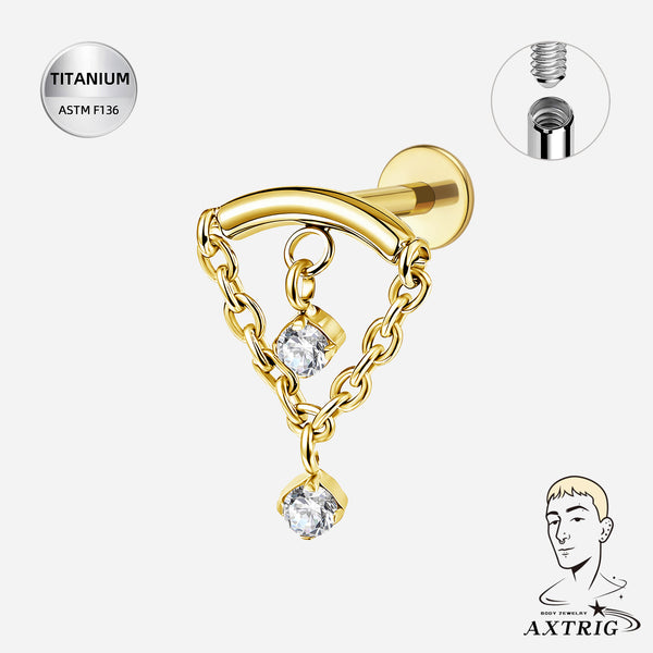 16G ASTM F136 Titanium CZ Chain Dangle Internally Threaded Flat Back Stud