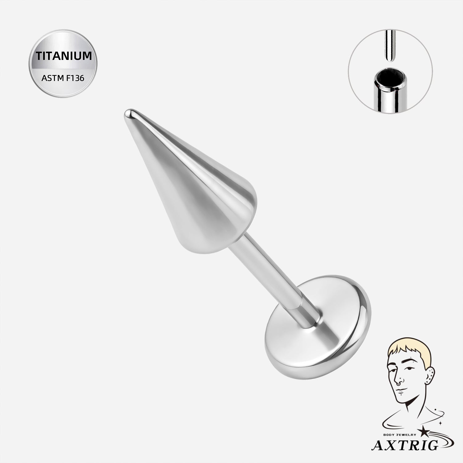 20G ASTM F136 Titanium Threadless Spike (3x6mm) Flat Back Stud For Nose (8mm) Or Ear Piercings