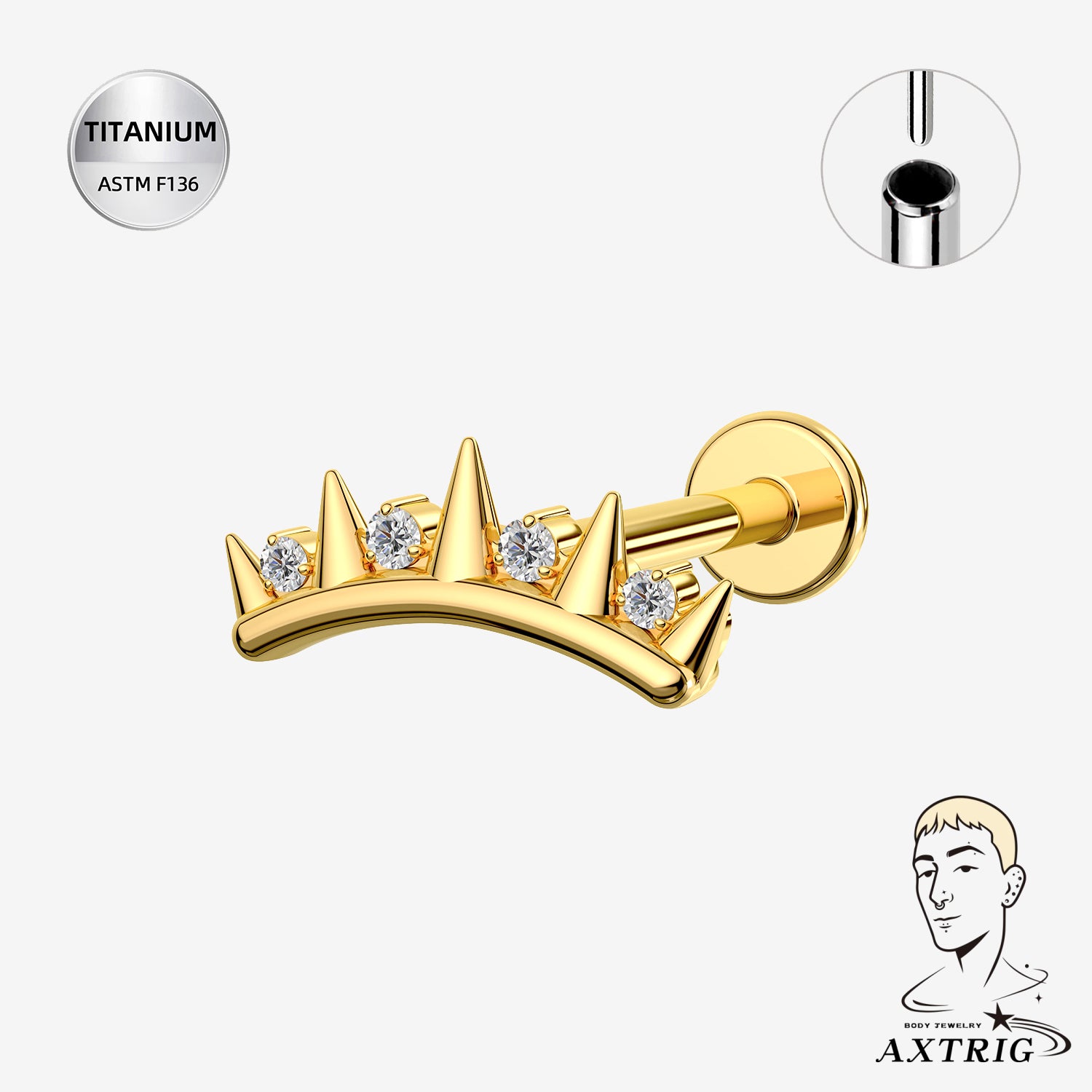 16G Titanium Threadless Crown Labret Stud with CZ – Gold PVD ASTM F136 Ear Piercing Jewelry