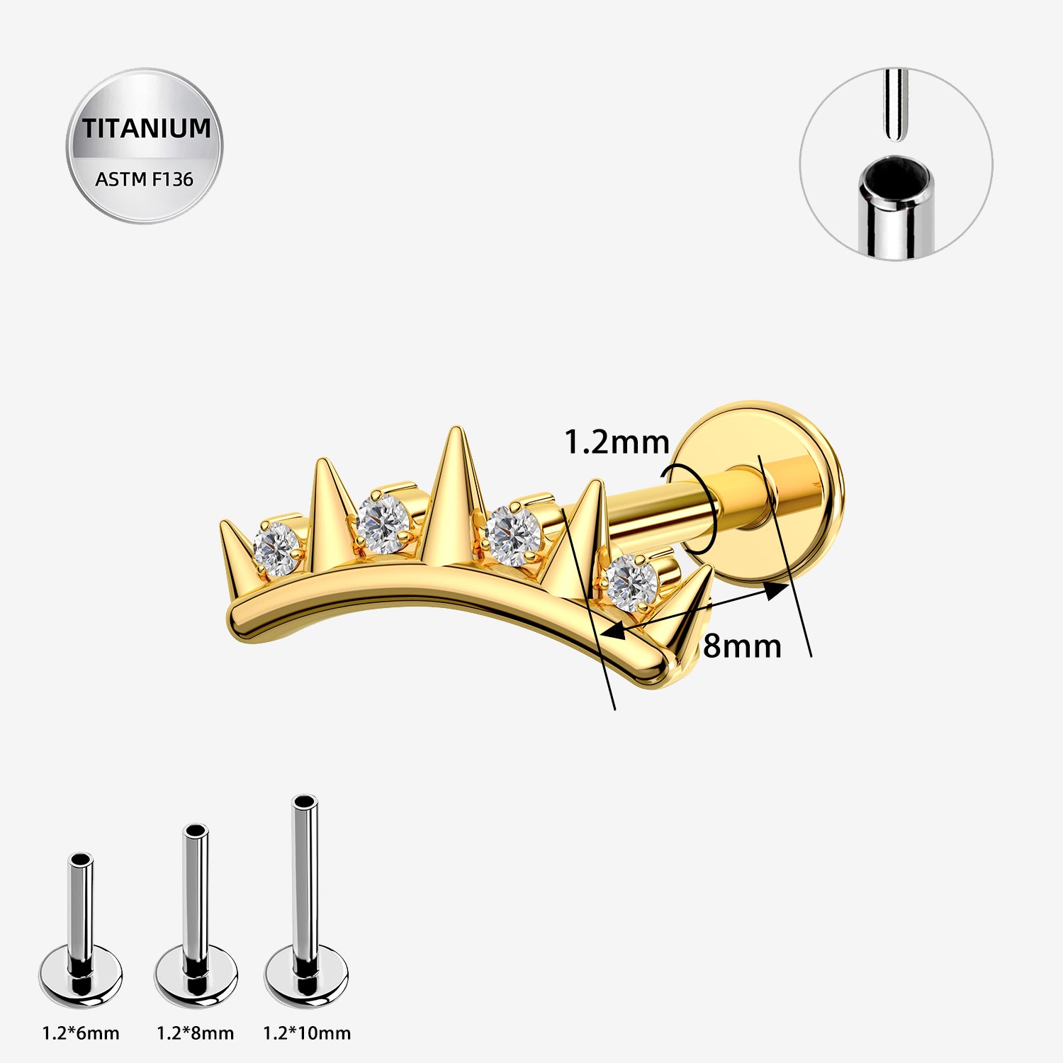 16G Titanium Threadless Crown Labret Stud with CZ – Gold PVD ASTM F136 Ear Piercing Jewelry