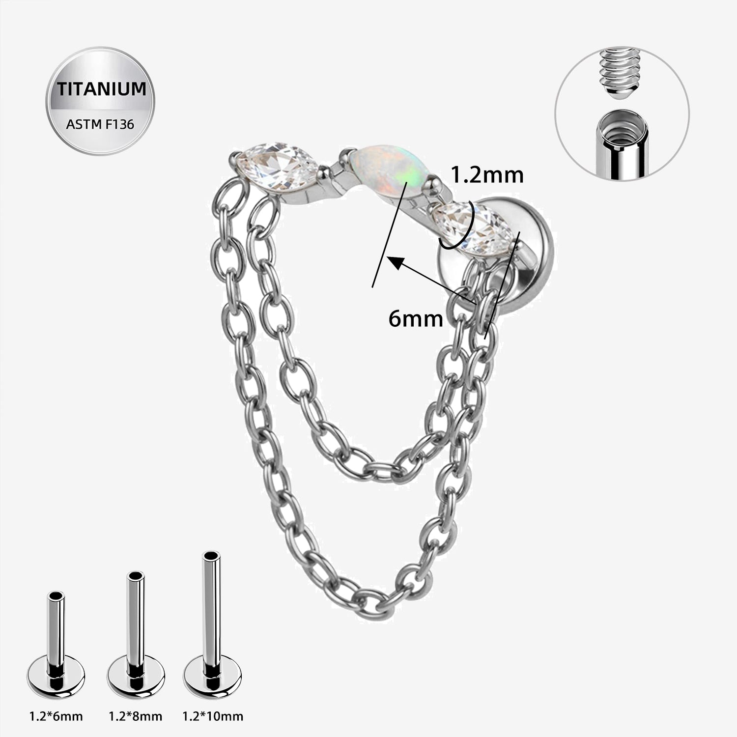 16G Titanium Internally Threaded Chain Labret Stud with Opal & CZ – Ear Piercing Jewelry (6mm)