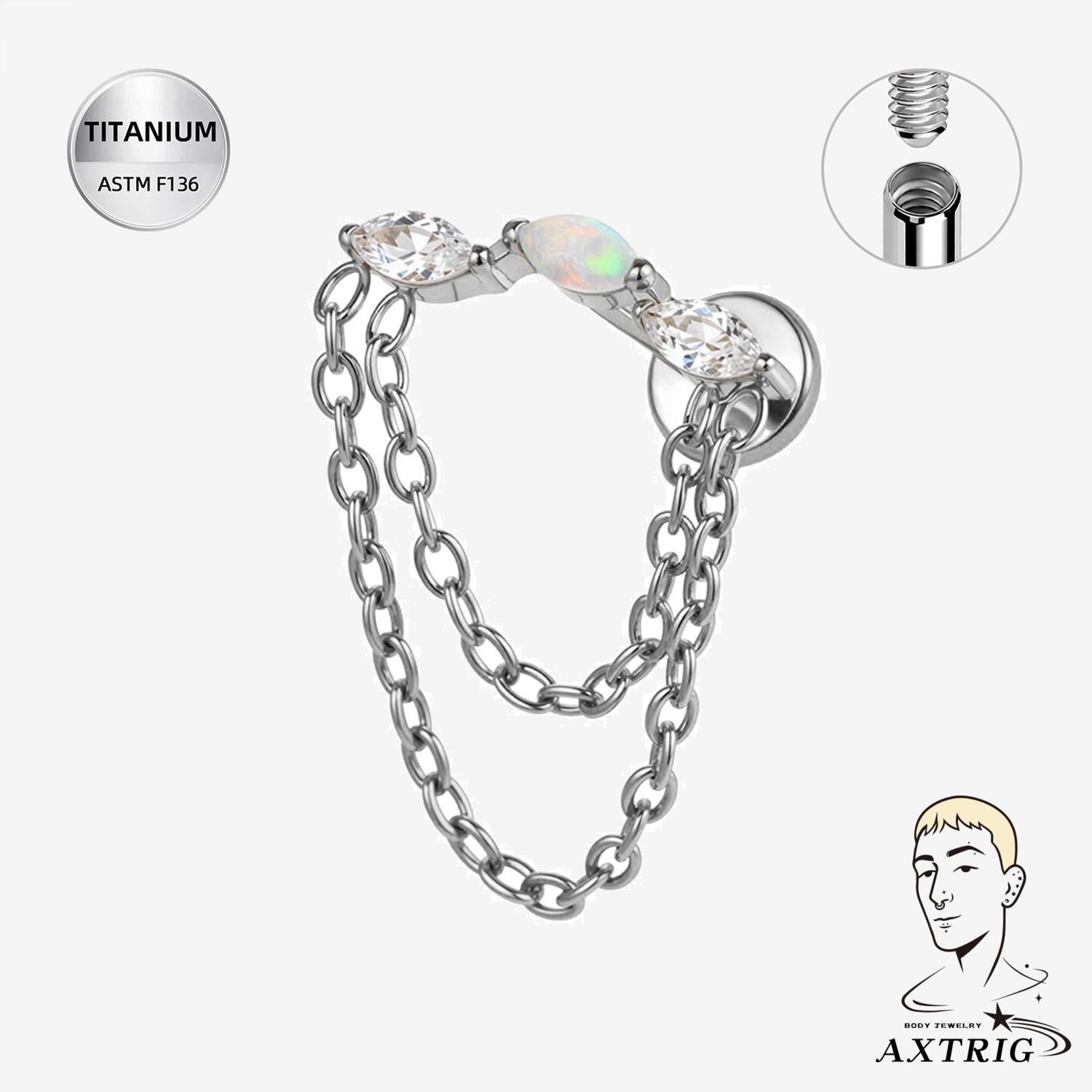 16G Titanium Internally Threaded Chain Labret Stud with Opal & CZ – Ear Piercing Jewelry (6mm)