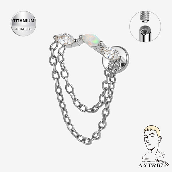 16G Titanium Internally Threaded Chain Labret Stud with Opal & CZ – Ear Piercing Jewelry (6mm)