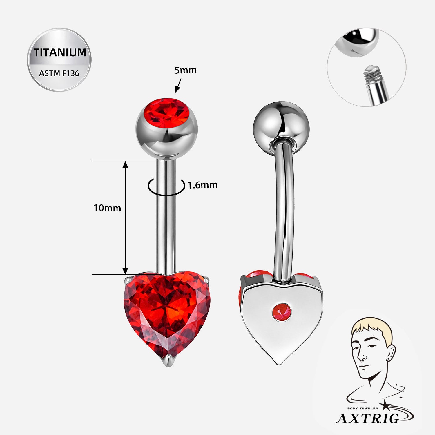 14G ASTM F136 Titanium Heart CZ Belly Ring 10mm