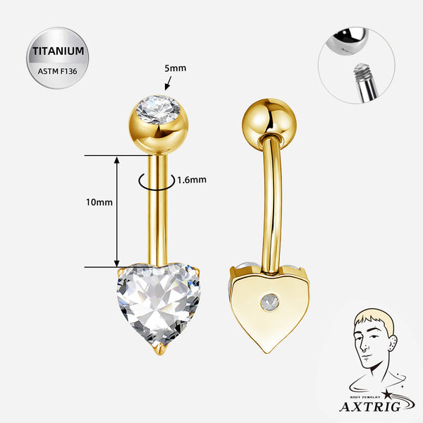 14G ASTM F136 Titanium Heart CZ Belly Ring 10mm