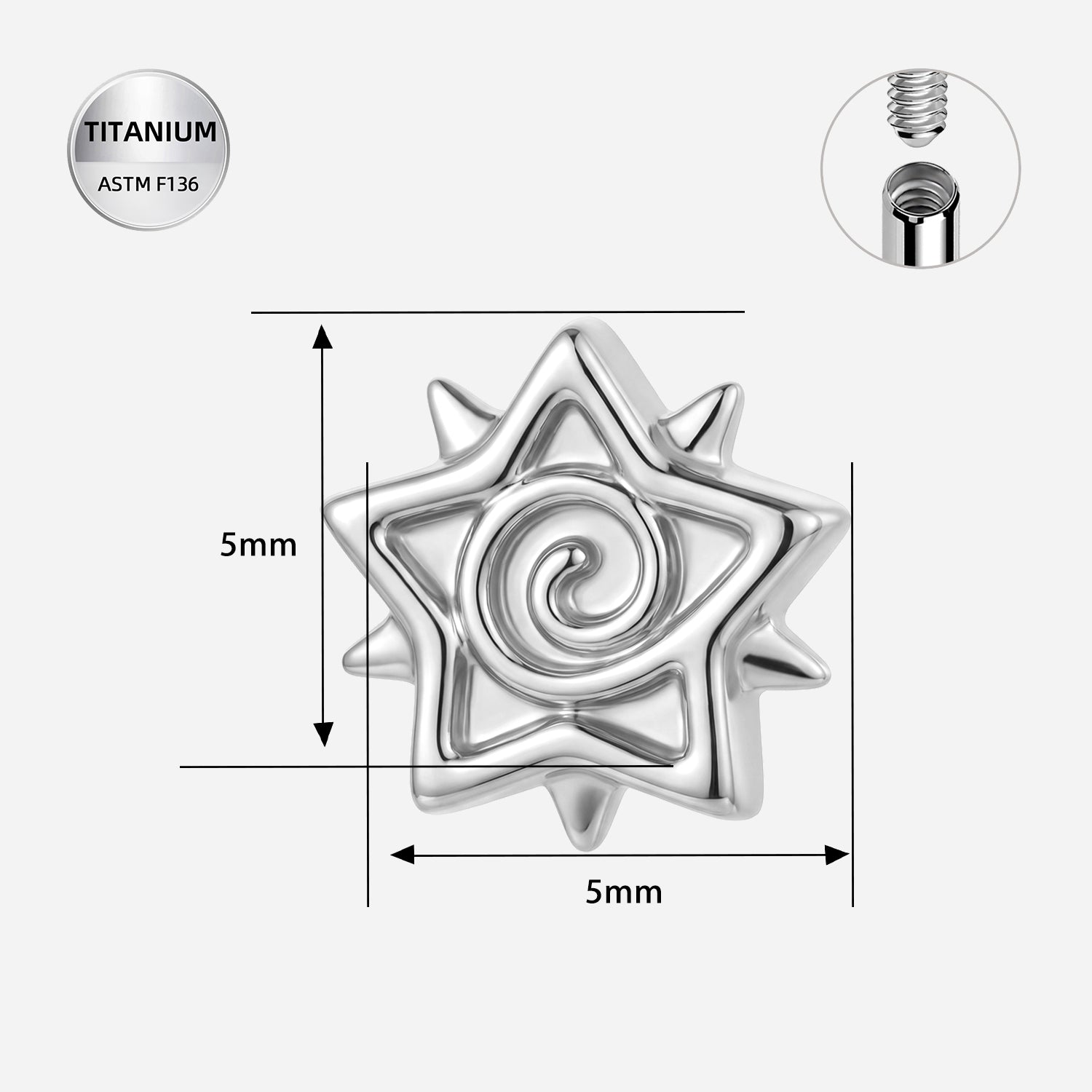 14G & 16G Titanium Spiral Star Dermal Top | Internally Threaded | Surface Piercing Jewelry
