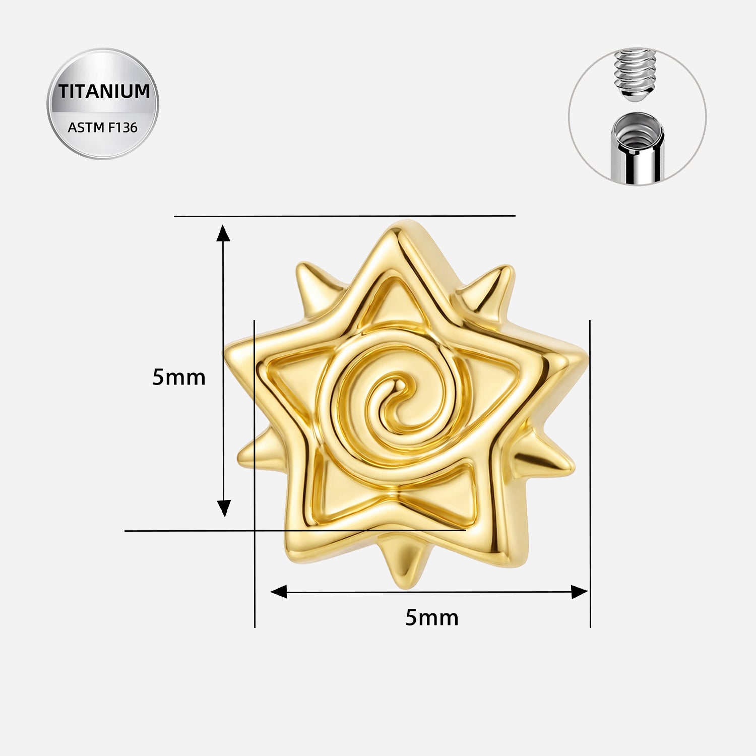 14G & 16G Titanium Spiral Star Dermal Top | Internally Threaded | Surface Piercing Jewelry