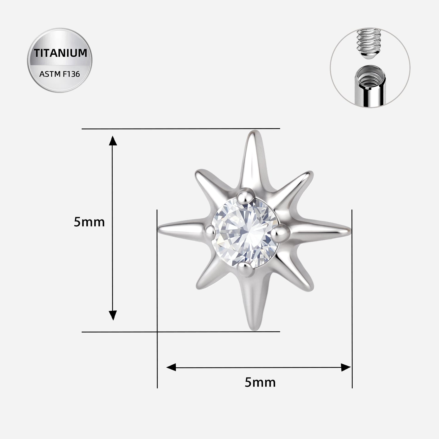 ASTM F136 Titanium CZ Starburst Dermal & Surface Piercing Top