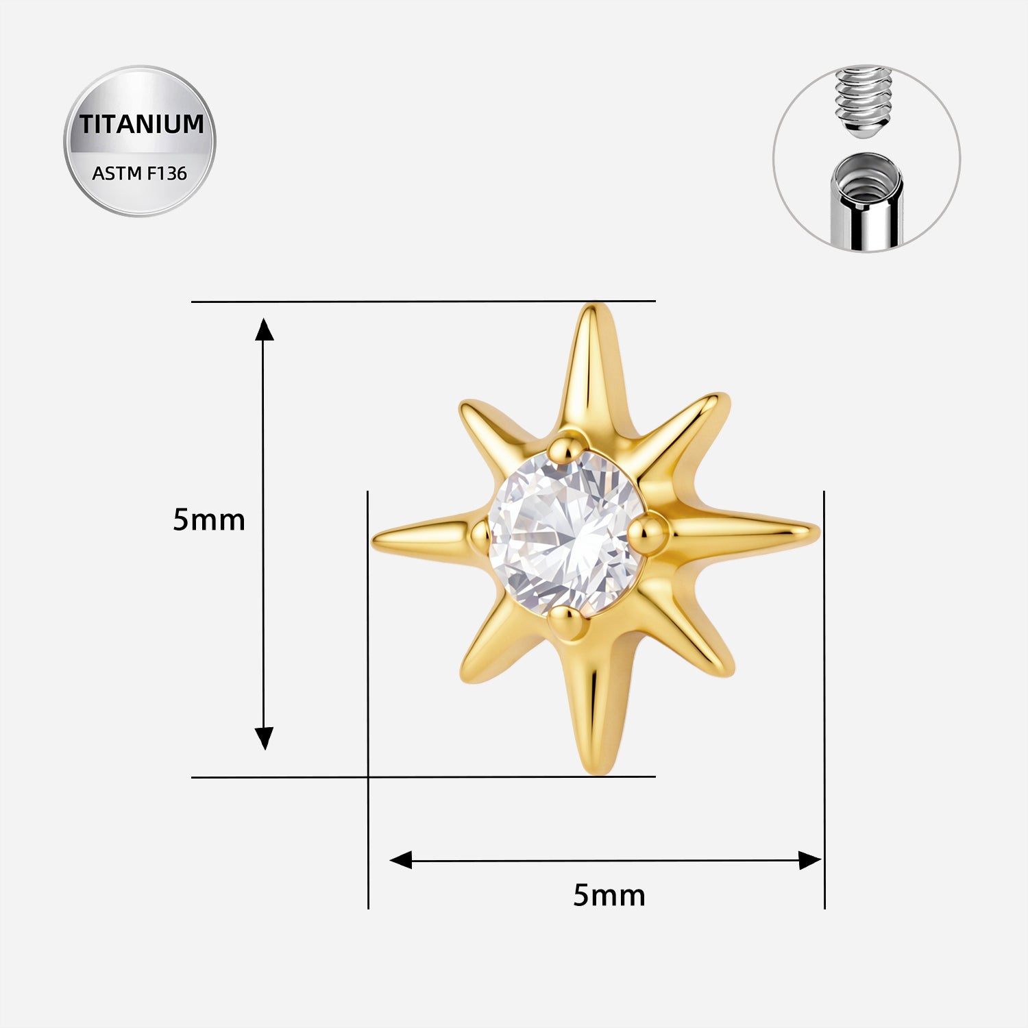 ASTM F136 Titanium CZ Starburst Dermal & Surface Piercing Top