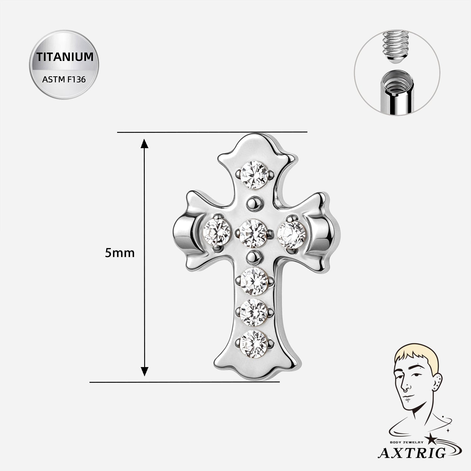 16G & 14G Titanium Cross Cz | Internally Threaded | For Dermal or Surface Piercings