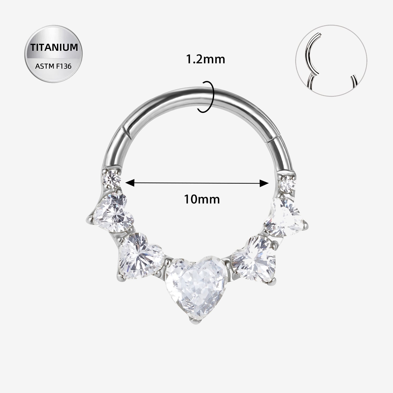 16G Titanium Heart CZ Segment Ring Clicker – ASTM F136 For Septum & Daith Piercings (10mm)