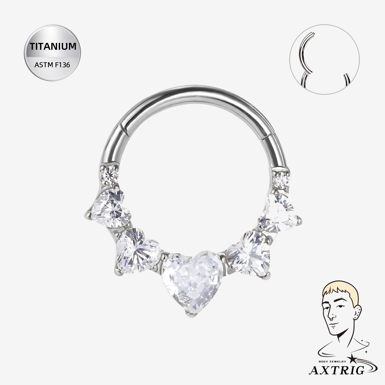 16G Titanium Heart CZ Segment Ring Clicker – ASTM F136 For Septum & Daith Piercings (10mm)