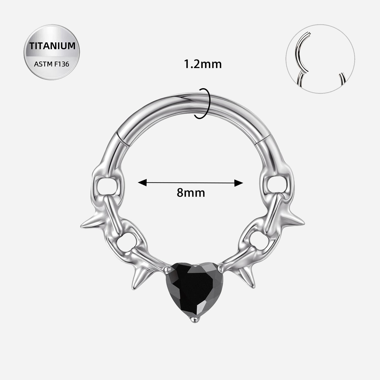 16G Titanium Segment Ring W/ Black CZ Heart – ASTM F136 Septum Piercing Jewelry (8mm)
