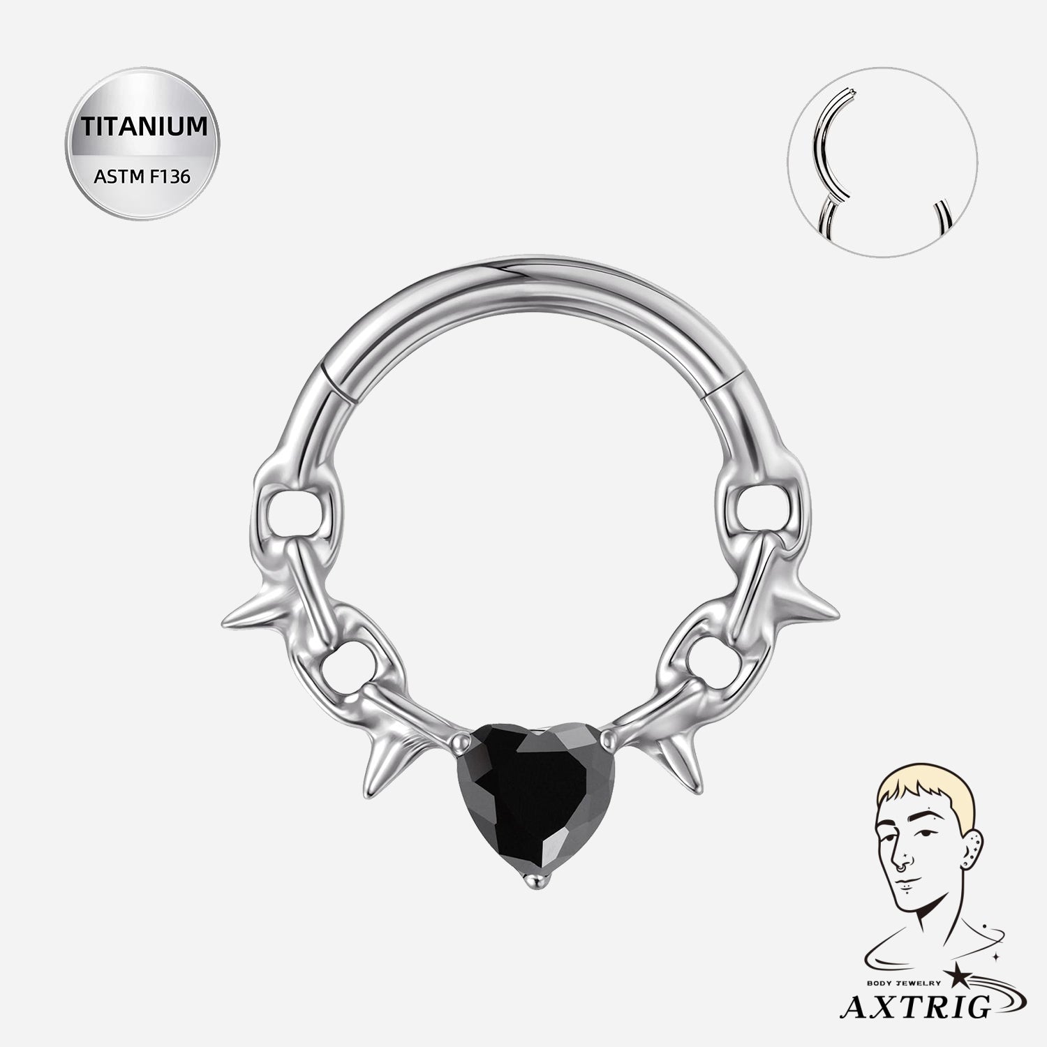 16G Titanium Segment Ring W/ Black CZ Heart – ASTM F136 Septum Piercing Jewelry (8mm)