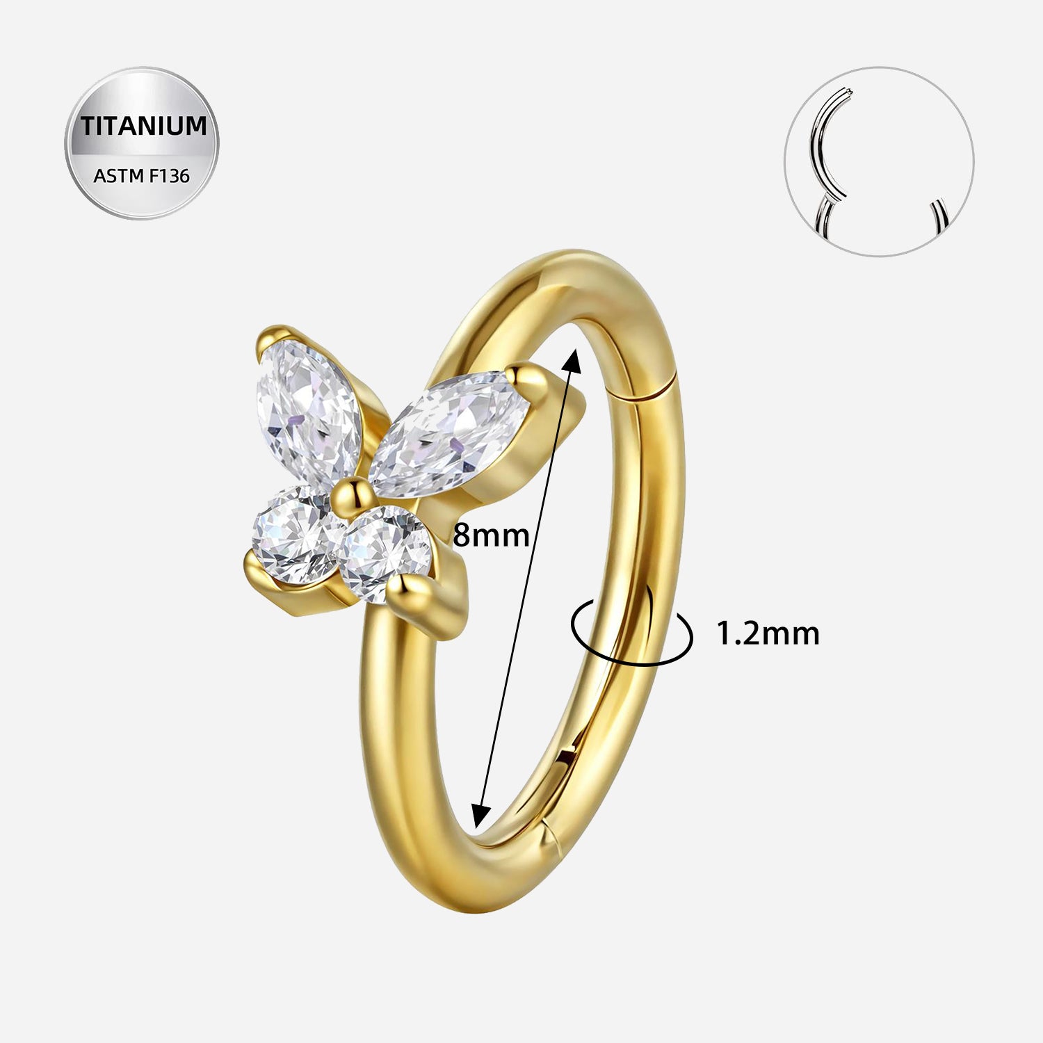 16G Gold Titanium Butterfly Segment Ring – ASTM F136 Clicker for Ear Piercings (8mm)