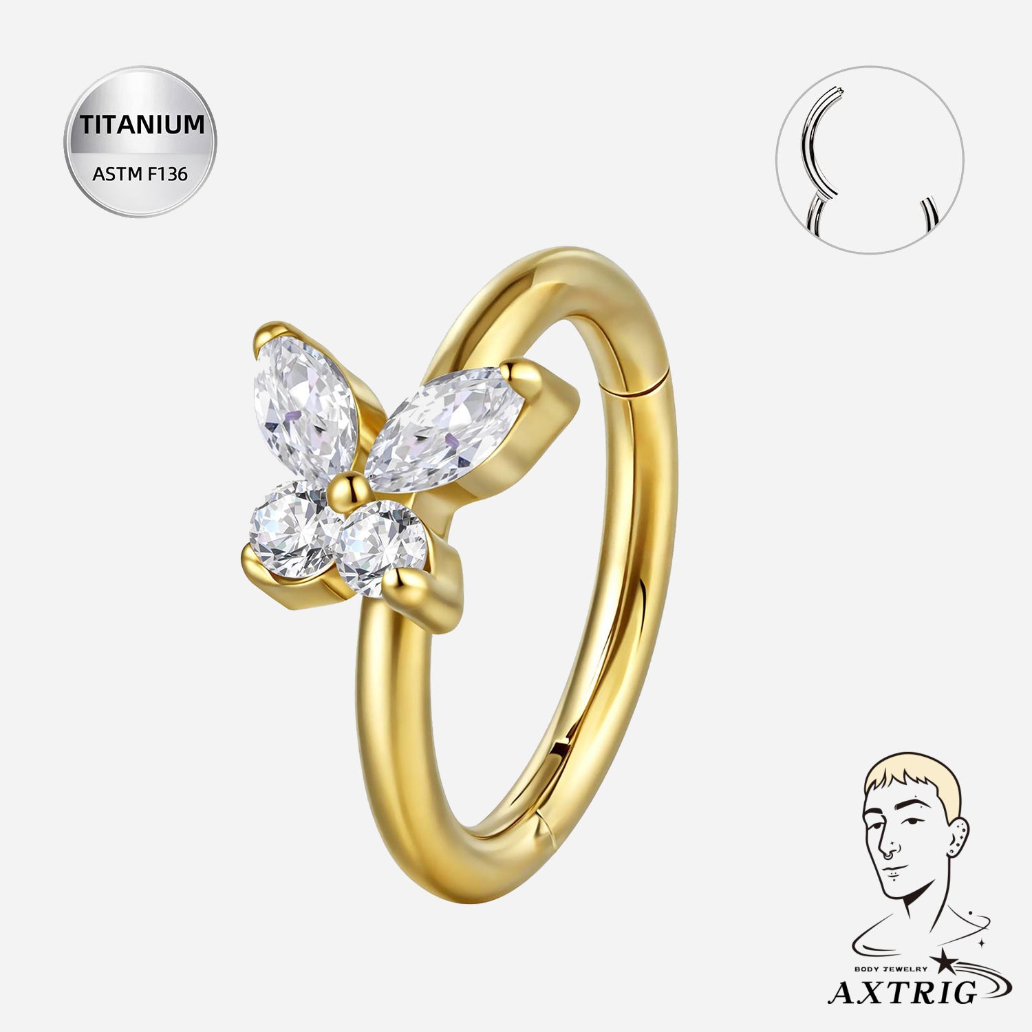 16G Gold Titanium Butterfly Segment Ring – ASTM F136 Clicker for Ear Piercings (8mm)