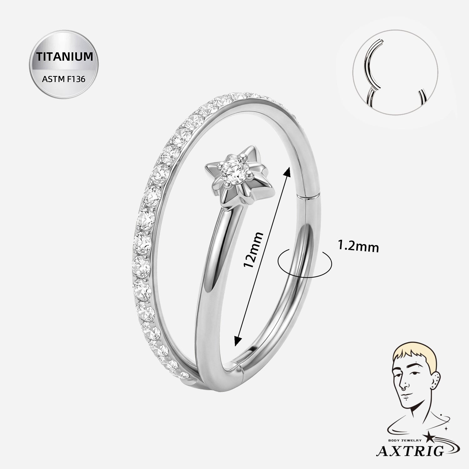 16G Titanium Nova Star Hinged Clicker (12MM) For Conch Piercings