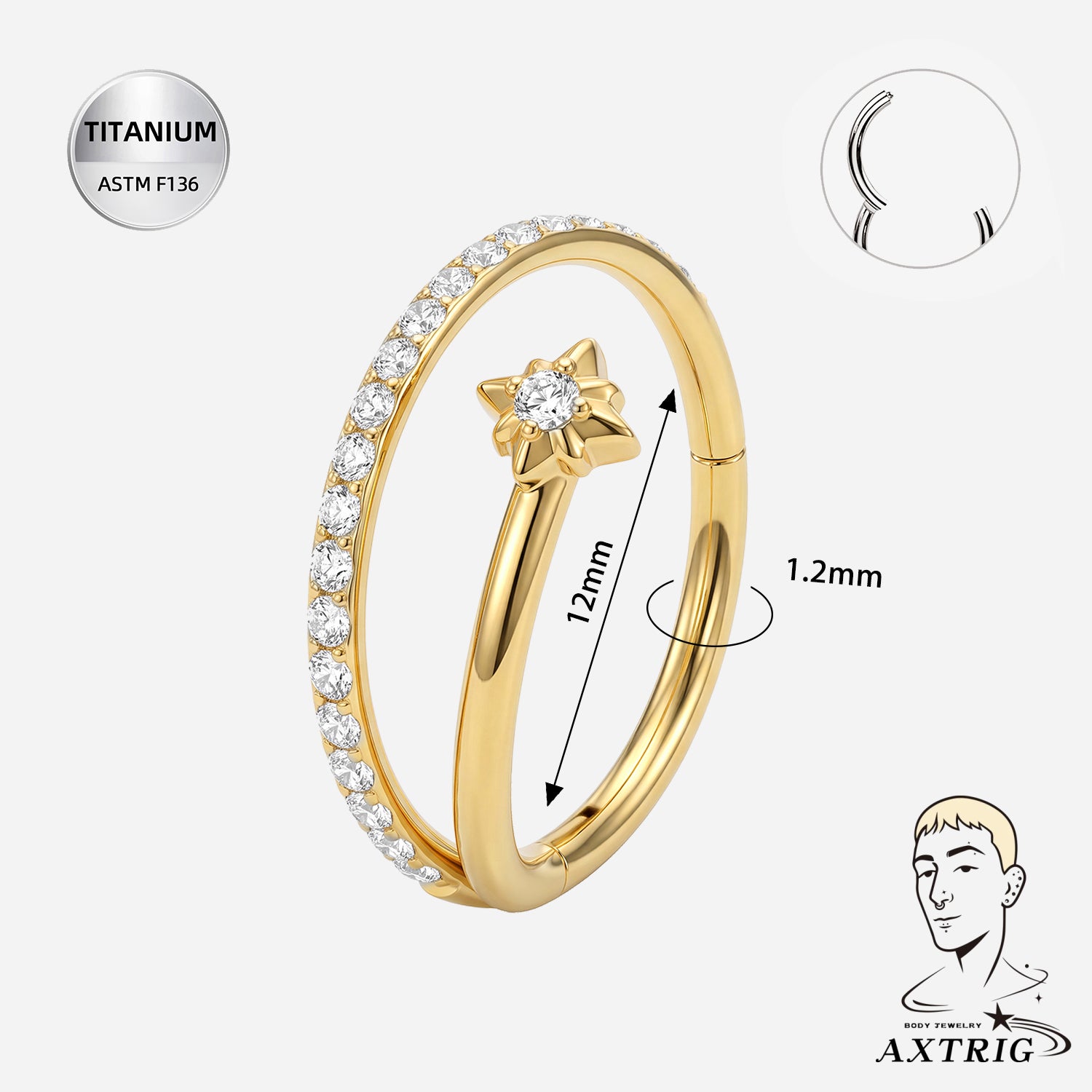 16G Titanium Nova Star Hinged Clicker (12MM) For Conch Piercings