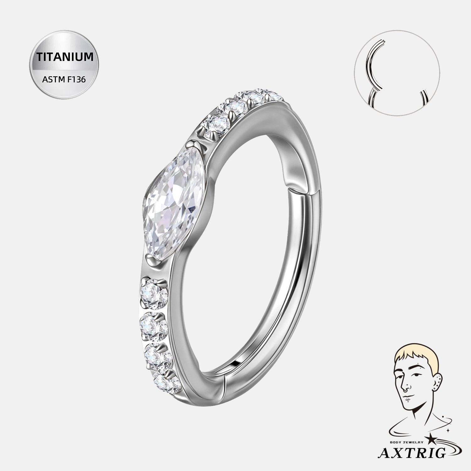 16G ASTM F136 Titanium Marquise CZ Hinged Hoop (8mm)