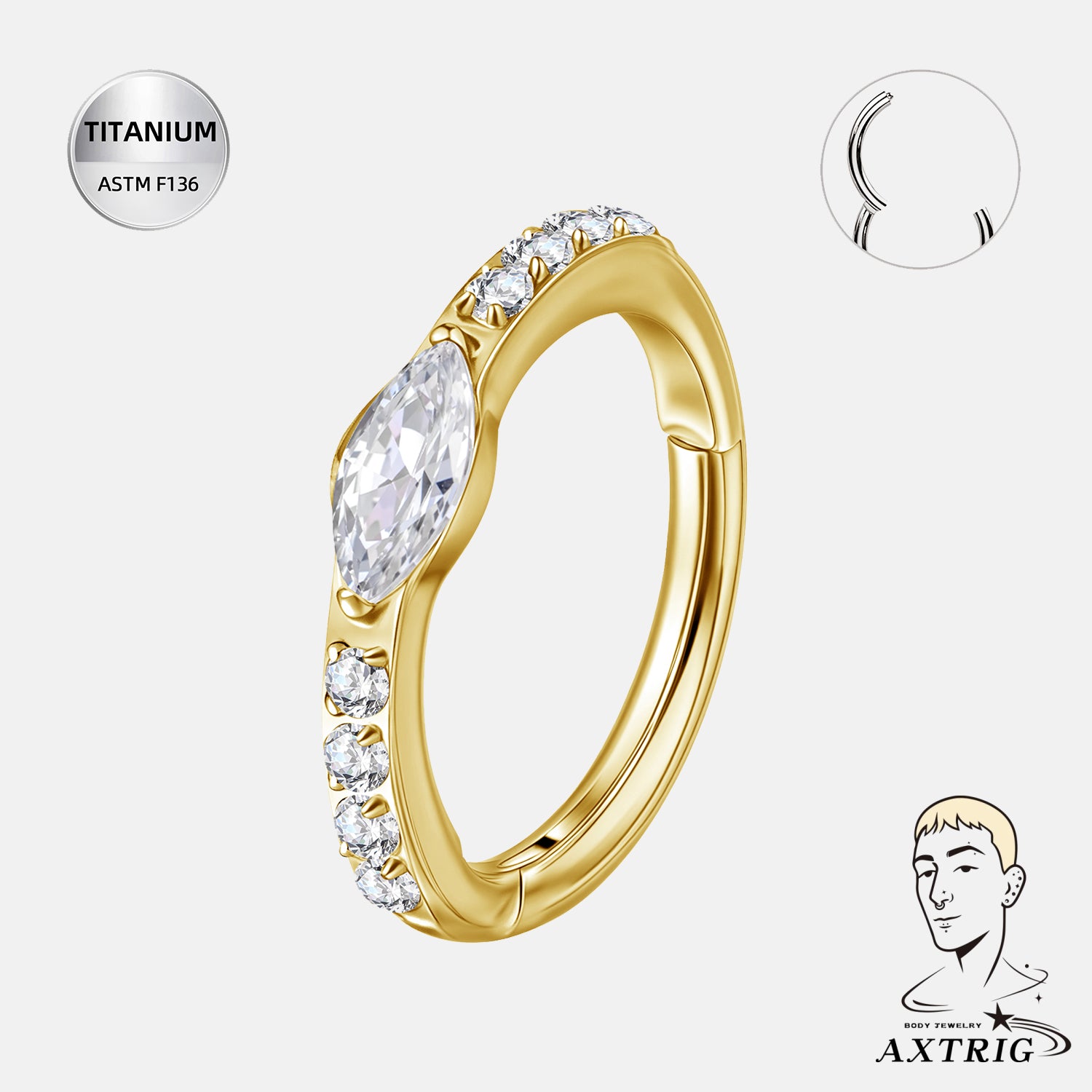 16G ASTM F136 Titanium Marquise CZ Hinged Hoop (8mm)