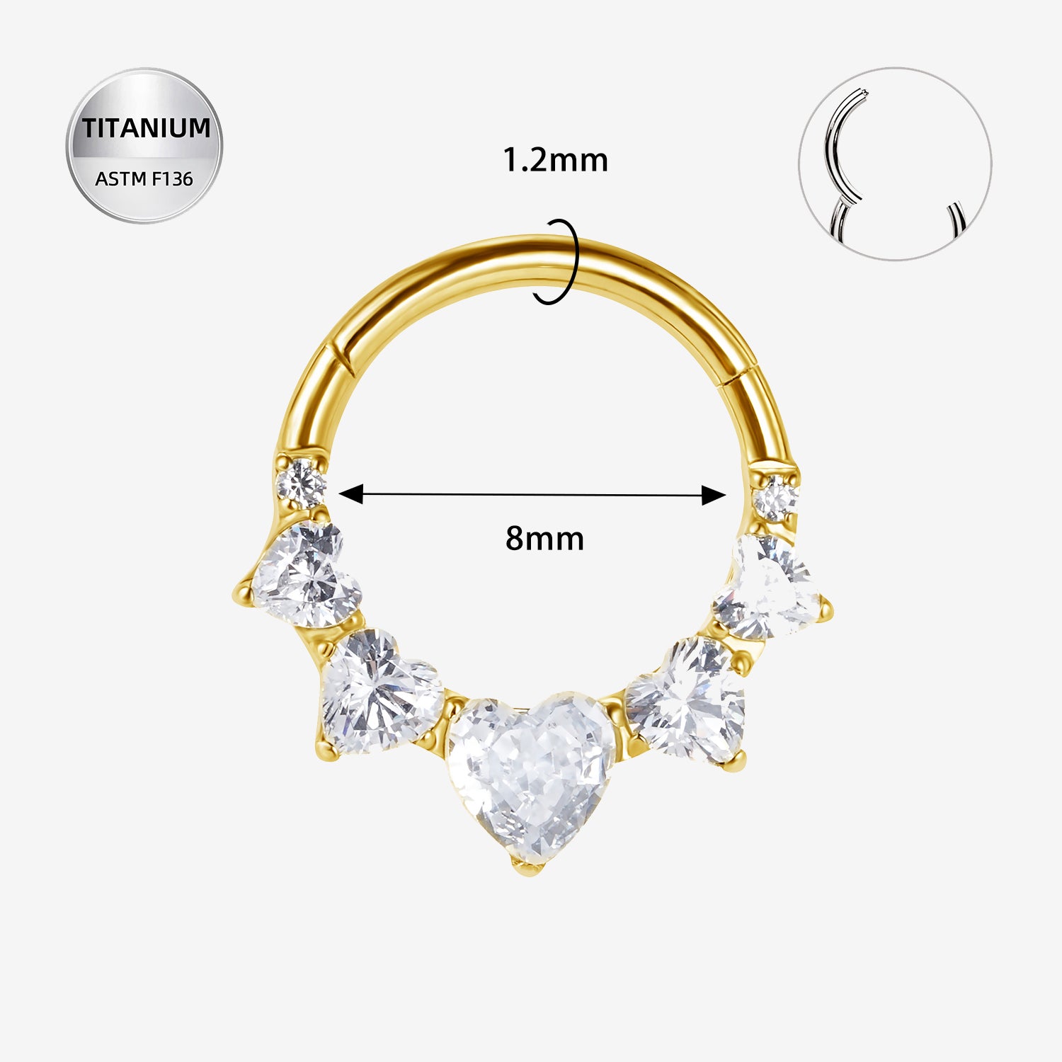 16G Heart CZ Segment Ring Clicker – ASTM F136 Titanium Gold PVD For Septum & Daith Piercings (8mm)