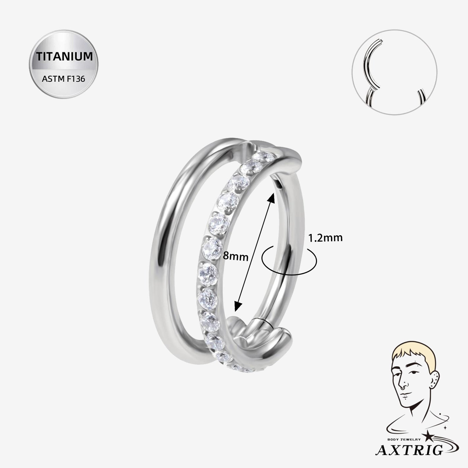 16G ASTM F136 Titanium CZ Hinged Conch Hoop (12mm)